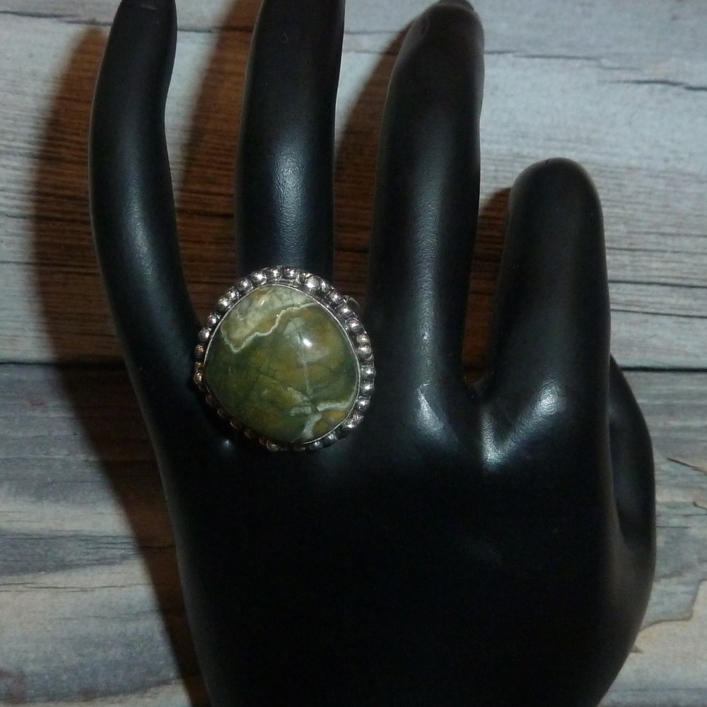 Women's Ring 925 Silver Plated Rhyolite 7.5 Green